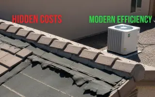 Drone view of a 1990s Las Vegas stucco home highlighting weathered roof tiles and aging infrastructure.