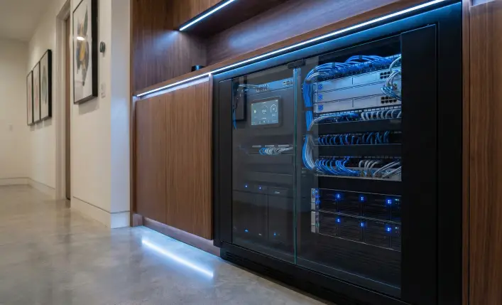 Smart home network rack with neatly organized blue LED structured cabling, representing the structural bones of a modern home