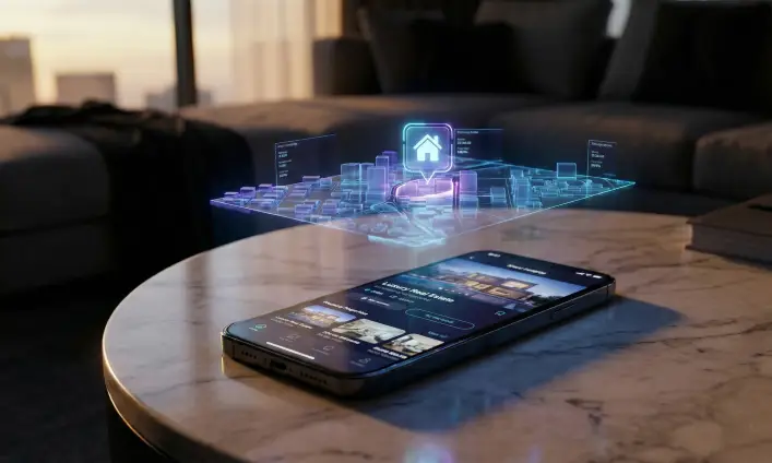 Smartphone on a marble table displaying a holographic real estate map and geofencing analytics in a luxury home