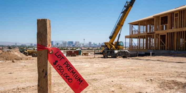 Surveyor stake on a dirt lot with a high price tag, illustrating the cost of lot premiums.