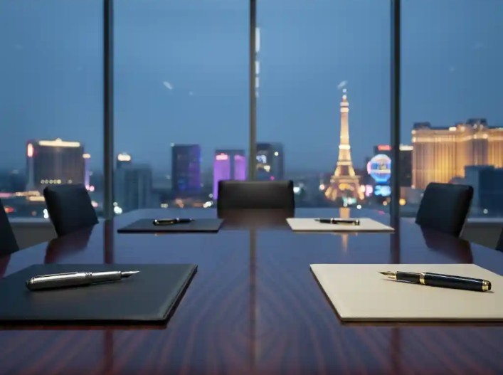 A neutral, professional negotiation setting in a Las Vegas office for matrimonial asset division.