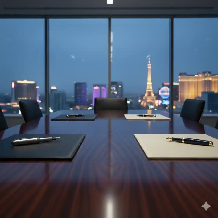 A neutral, professional negotiation setting in a Las Vegas office for matrimonial asset division.