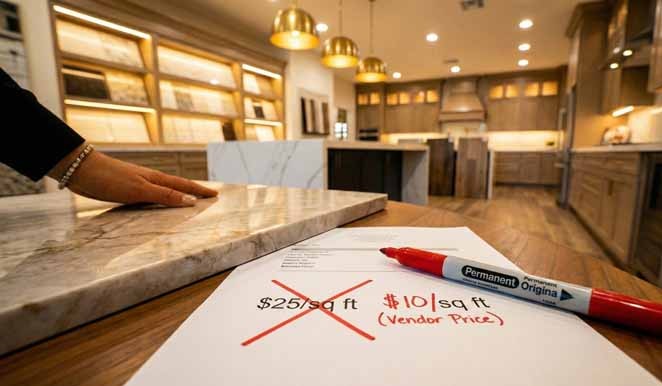 Luxury design studio showroom with a red mark-up correction on a flooring price tag.